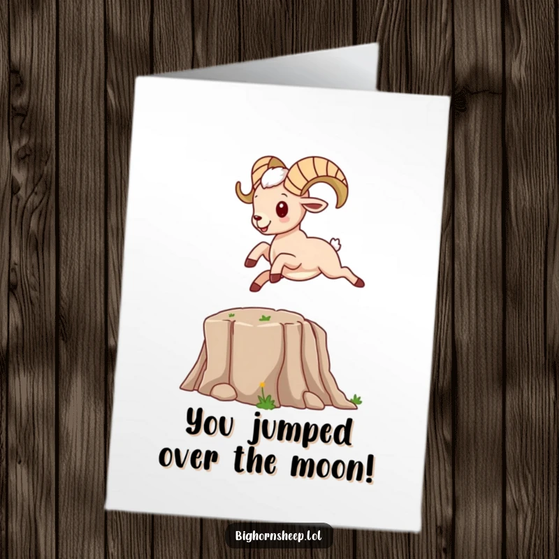 Free Printable Congratulations Card: A bighorn sheep character energetically leaping over a cartoon canyon, celebrating achievement.