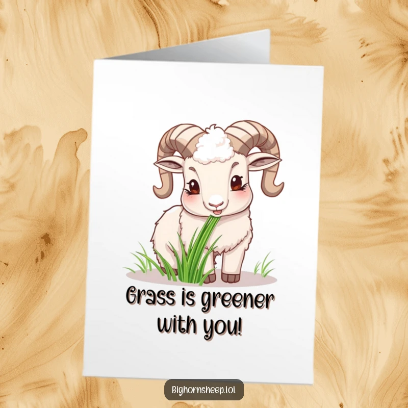 Funny Free Printable Bighorn Sheep Congratulations Card: A happy sheep enjoying a snack of grass, signifying contentment and success.