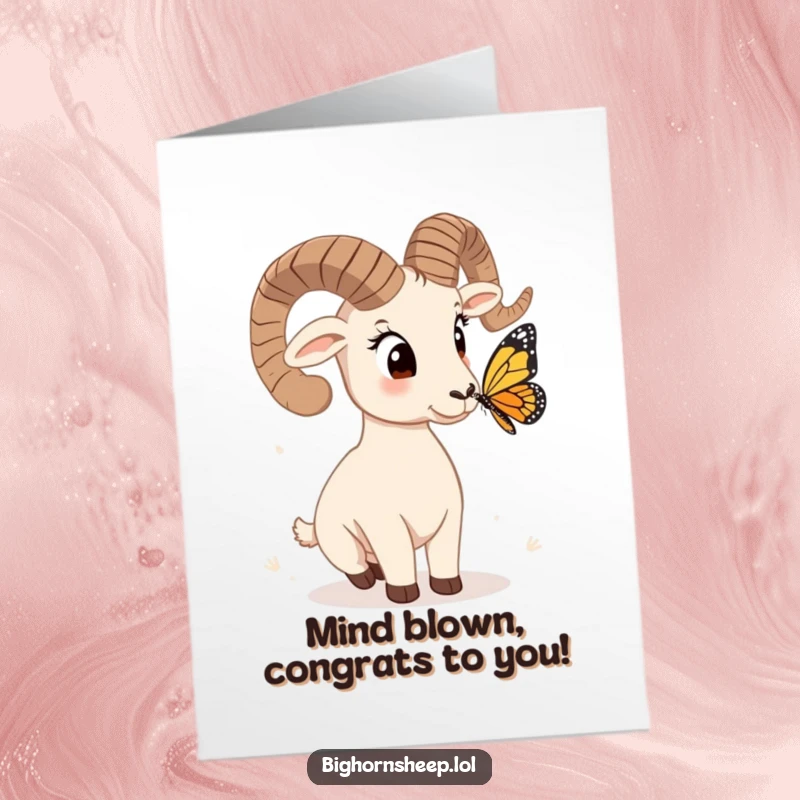 Free printable congratulations card captures a bighorn sheep with a quizzical head tilt, intently observing a delicate butterfly.
