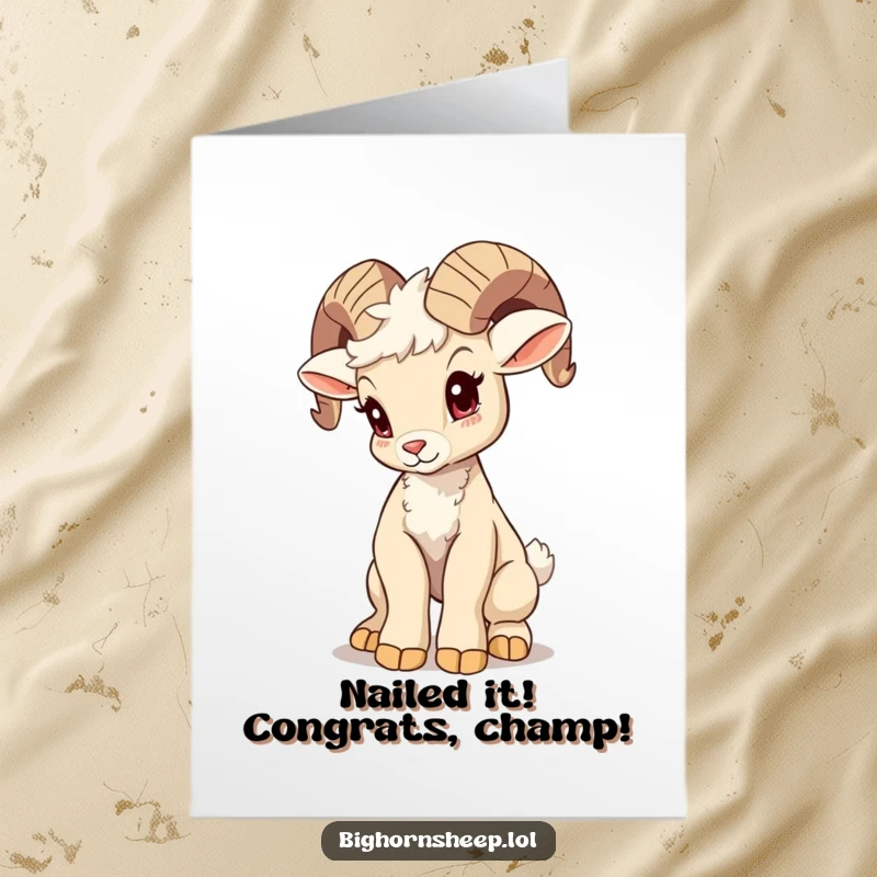Free printable congratulations card shows a bighorn sheep cub attempting a grand pose but looking endearingly wobbly and unsteady.