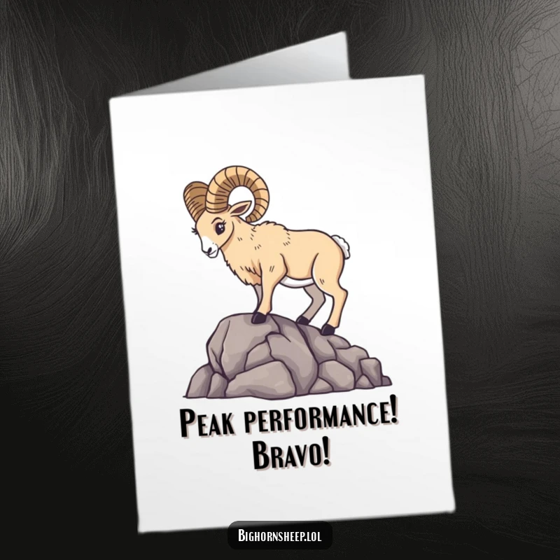Funny Free Printable Congratulations Card showing a bighorn sheep in a dramatic pose on a rocky outcrop, celebrating a win.