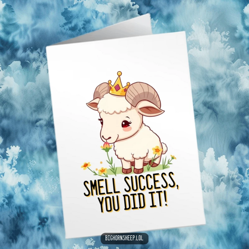 Funny Free Printable Congratulations Card: A bighorn sheep with a tiny crown curiously sniffs a delicate wild flower, symbolizing gentle celebration.