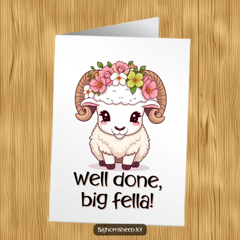 Funny Free Printable Congratulations Card showing a bighorn sheep awkwardly adjusting a ridiculously large flower crown, exuding comical charm.