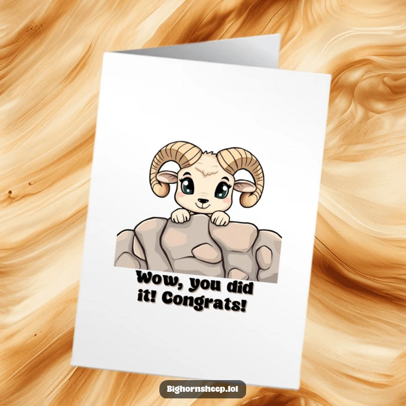 Funny Free Printable Curious Bighorn Sheep Congrats Card: An inquisitive sheep with large eyes, cautiously peeking from behind a rocky outcrop.