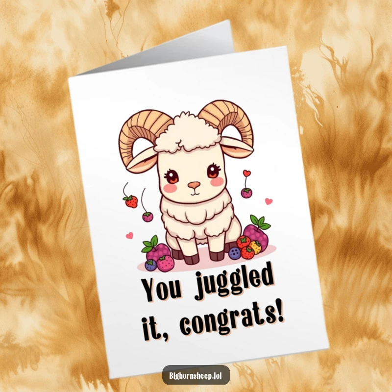 Funny Free Printable Congrats Card: A playful bighorn sheep juggling bright berries, symbolizing a skillful and successful accomplishment, perfect for congrats.