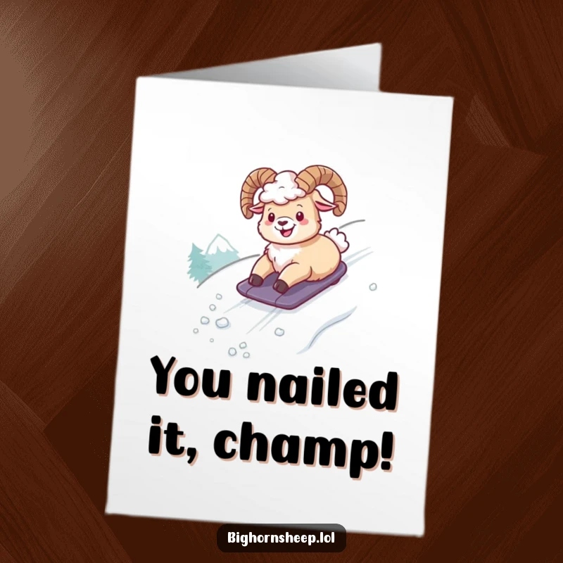 Funny Free Printable Congratulations Card: Giggling bighorn sheep gleefully sliding down a snowy slope, celebrating success with laughter.