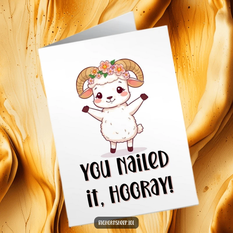 Funny Free Printable Congrats Card: A cute bighorn sheep in a flower crown is joyfully dancing.