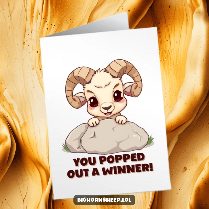 Funny free printable congratulations card shows a bighorn sheep peeking with a mischievous grin from behind a boulder, celebrating an achievement.