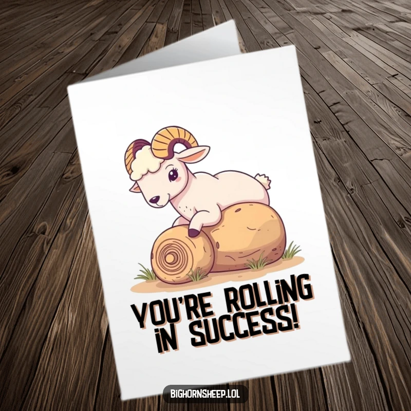 Funny Free Printable Congratulations Card: Bighorn sheep playfully nudging a rolling tumbleweed, a quirky desert scene for celebrations.