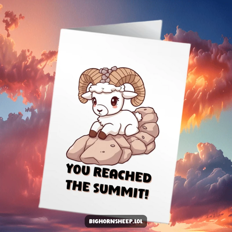 Funny free printable congratulations card depicts a bighorn sheep with a pebble crown sliding down a mountain, celebrating success.