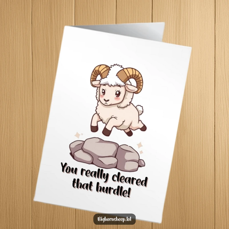 Funny Free Printable Congrats Card: Bighorn sheep triumphantly leaps in a cape, celebrating a grand accomplishment, downloadable gift.