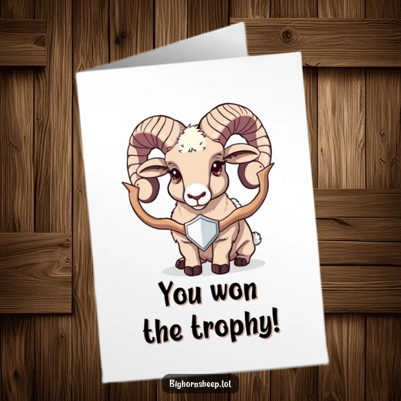 Funny Free Printable Congrats Card: A bighorn sheep proudly parades a shiny trophy, symbolizing a well-deserved win and significant achievement.