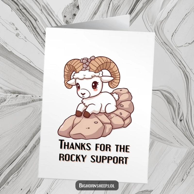 Funny free printable thank you card shows a bighorn sheep with a pebble crown sliding down a rocky slope with a thankful expression.