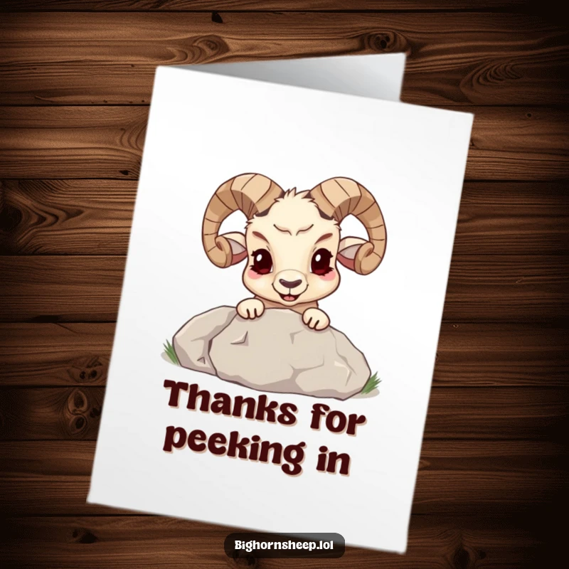 Funny free printable thank you card features a bighorn sheep with a mischievous grin peeking from behind a large boulder, conveying thanks.