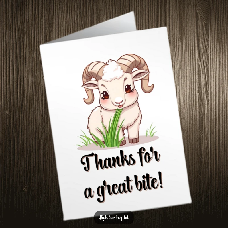 Funny Free Printable Bighorn Sheep Thank You Card: A happy sheep peacefully chewing on grass, conveying contentment.