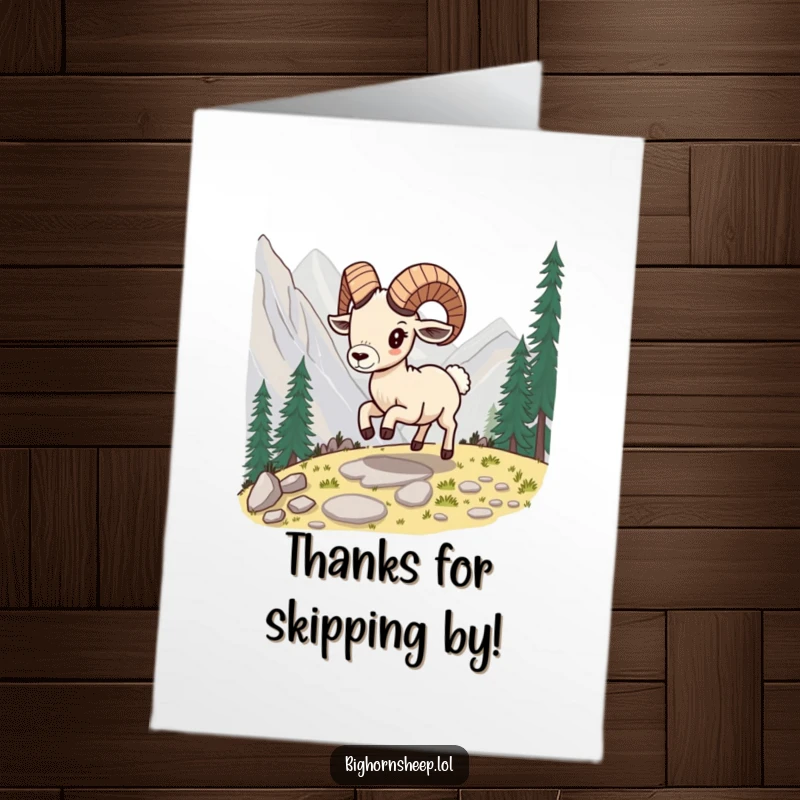 Funny Free Printable Bighorn Sheep Thank You Card: A sheep gleefully skipping along a mountain path, full of life.