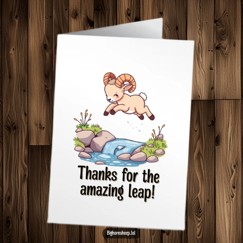 Funny Free Printable Bighorn Sheep Thank You Card: A cute, energetic cub leaping mid-air with joy.