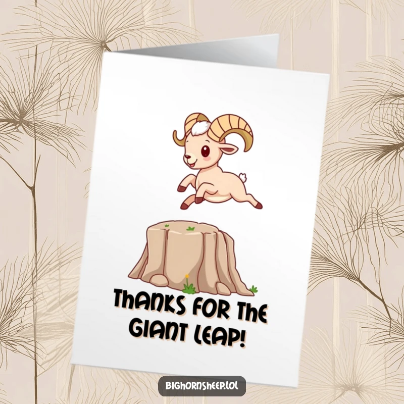 Funny Free Printable Thank You Card: A bighorn sheep character leaping energetically over a canyon, expressing thanks for an adventure.