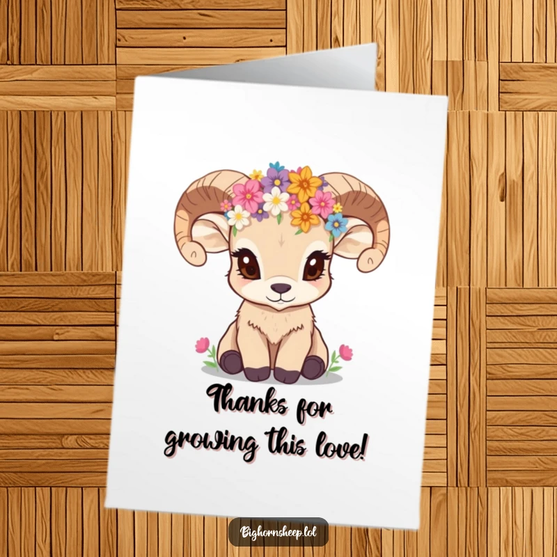 Funny Free Printable Thank You Card: A wildflower-crowned bighorn sheep cub looking sweetly inquisitive, perfect for expressing thanks.