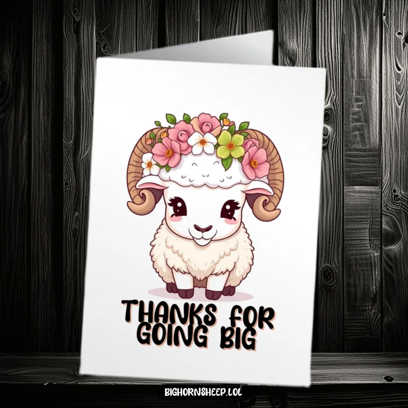 Funny Free Printable Thank You Card of a bighorn sheep comically adjusting an oversized flower crown, offering a goofy expression of thanks.