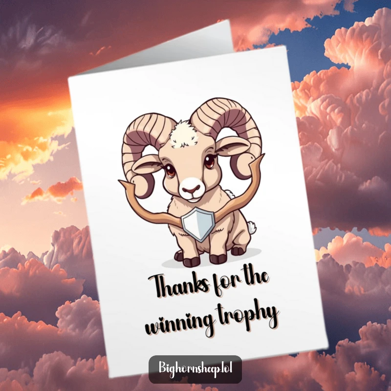 Funny Free Printable Thank You Card: A jubilant bighorn sheep holds up a shiny trophy, conveying immense gratitude for something special.