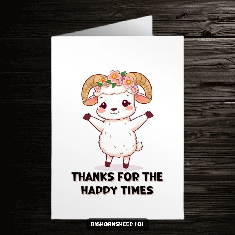 Funny Free Printable Thank You Card: Cute bighorn sheep with a flower crown dances happily.