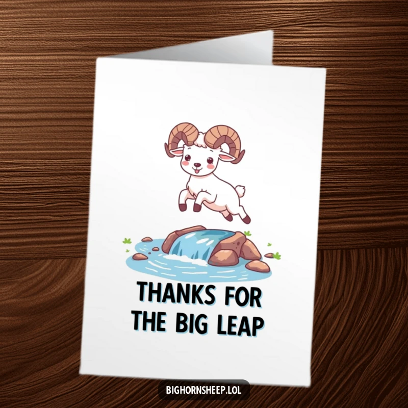 Funny Free Printable Thank You Card: A happy Bighorn Sheep leaping energetically over a stream, a joyful way to say thanks.