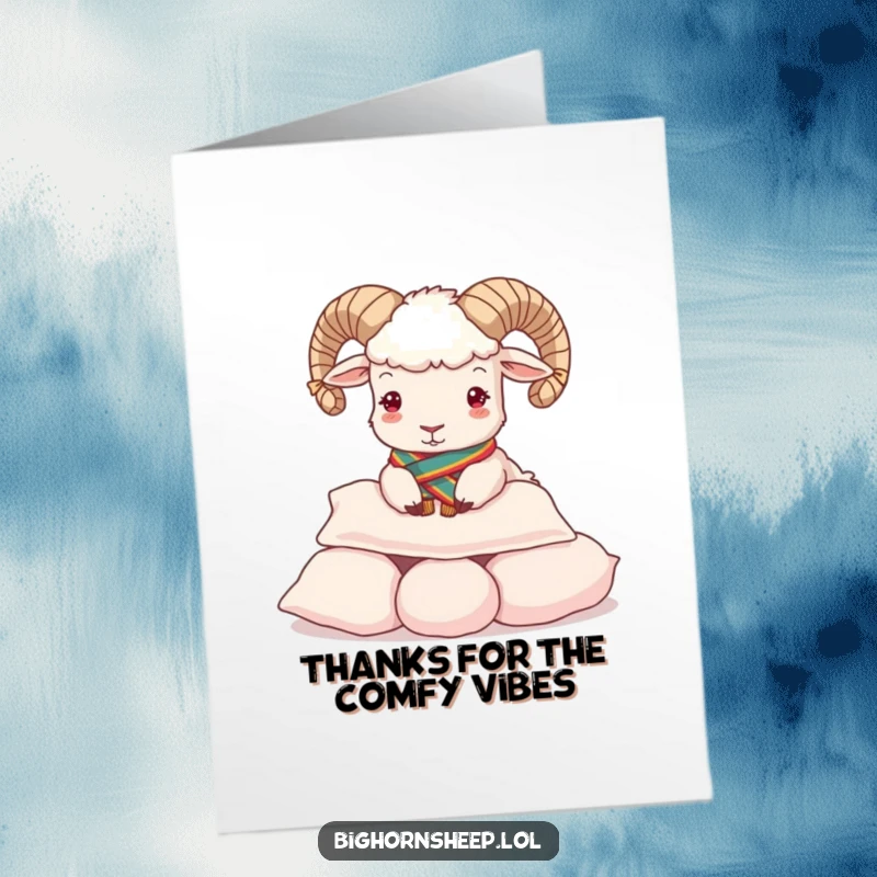 Funny Free Printable Thank You Card: Bighorn sheep in a regal sash playfully dives into soft pillows.
