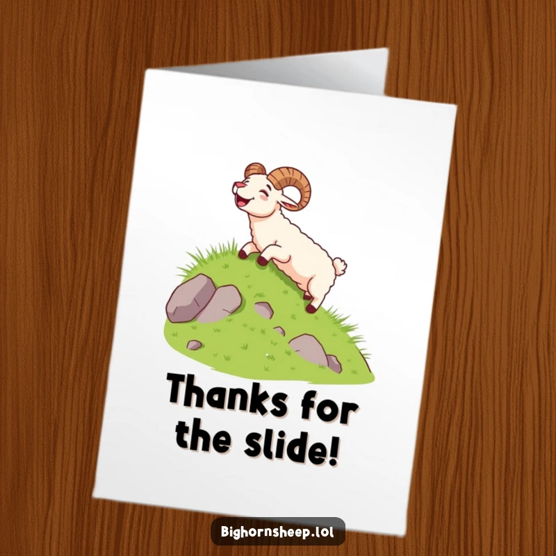 Funny Free Printable Thank You Card: A bighorn sheep slides down a slope with a joyful yell, thanking you.