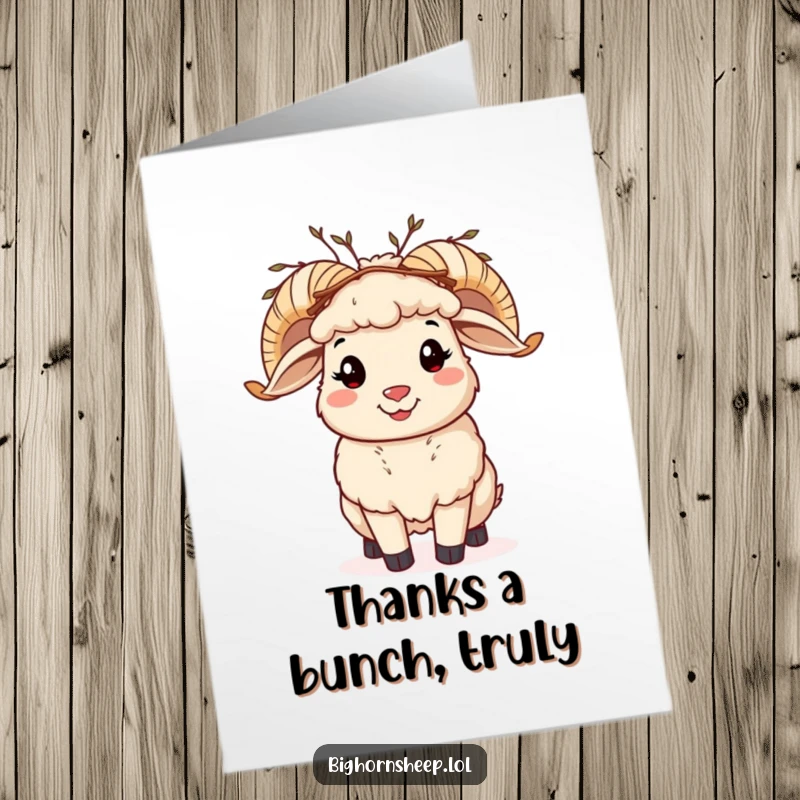 Funny Free Printable Thank You Card featuring a cheerful bighorn sheep with a twig crown, waving a happy thank you.