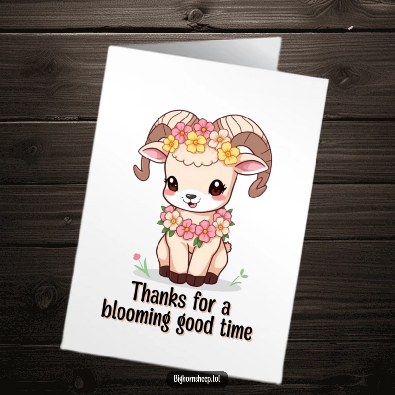 Funny free printable thank you card features a bighorn sheep cub wearing a flower garland and bleating sweetly to express thanks.
