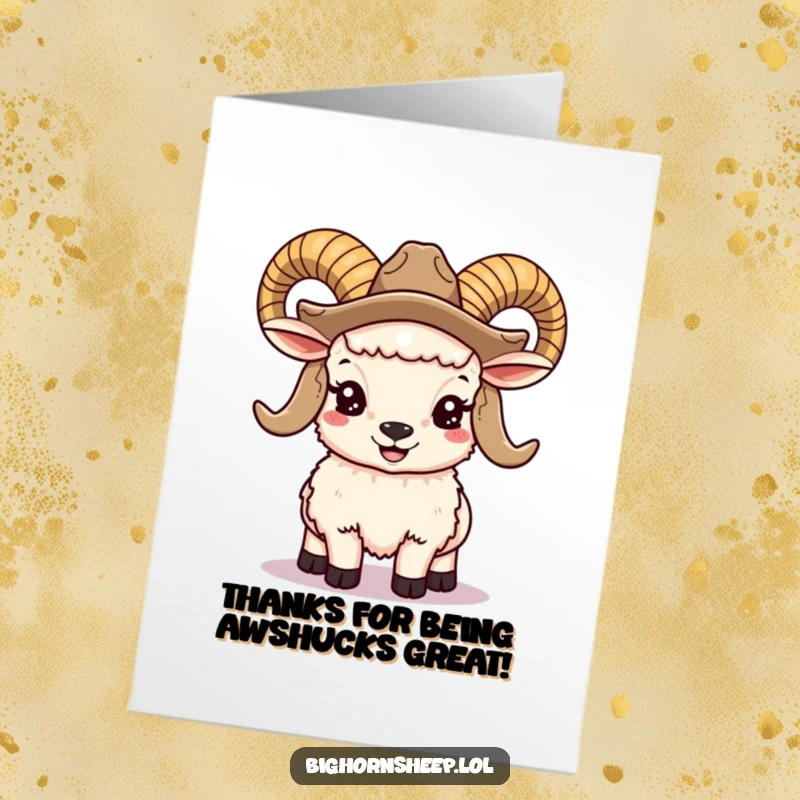 Funny Free Printable Thank You Card: cute bighorn sheep, large horns, cowboy hat, smiling, downloadable art, DIY gift.