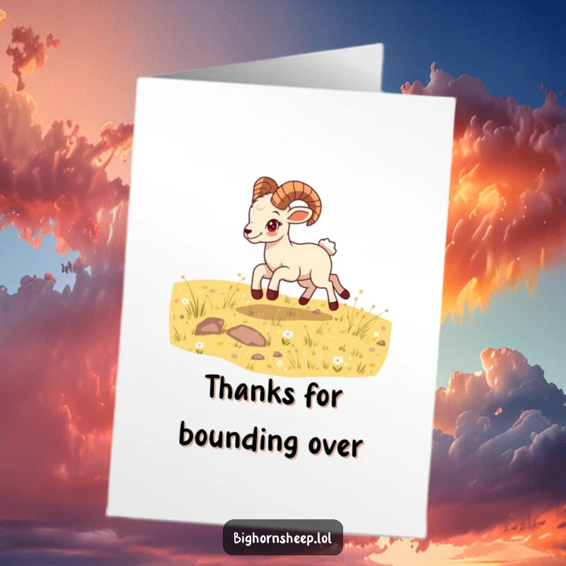 Funny free printable thank you card: A bighorn sheep cub energetically bounds through a sunny meadow, spreading thanks.