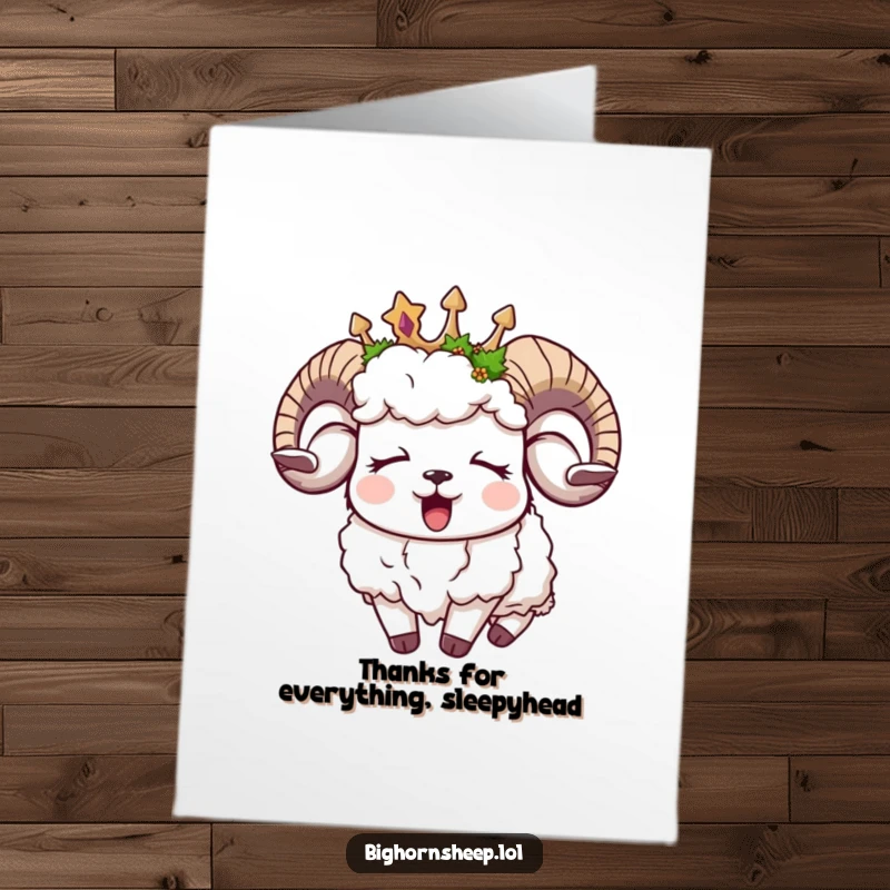 Funny Free Printable Thank You Card with a sleepy bighorn sheep in a moss crown, yawning politely.