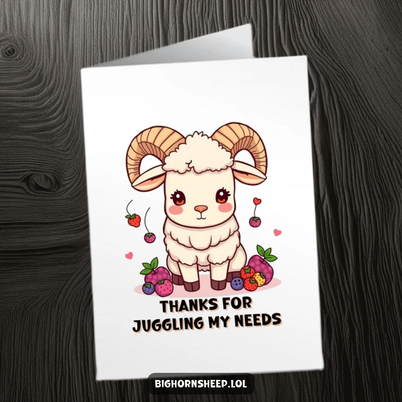 Funny Free Printable Thank You Card: A mischievous bighorn sheep expertly juggles berries, offering a fun and lighthearted expression of thanks.