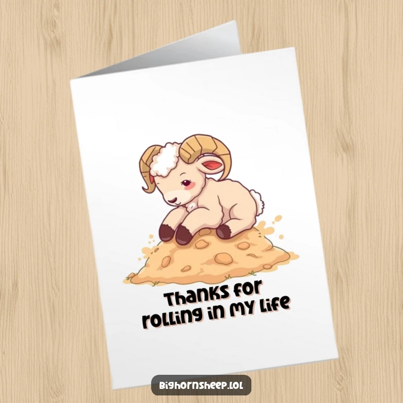 Funny free printable thank you card: A bighorn sheep cub looks endearingly messy from rolling in the dust, expressing thanks.