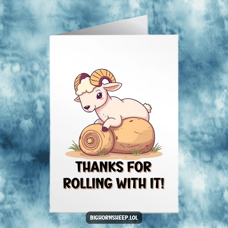 Funny Free Printable Thank You Card: Bighorn sheep gently nudging a rolling tumbleweed, a unique and charming way to say thanks.