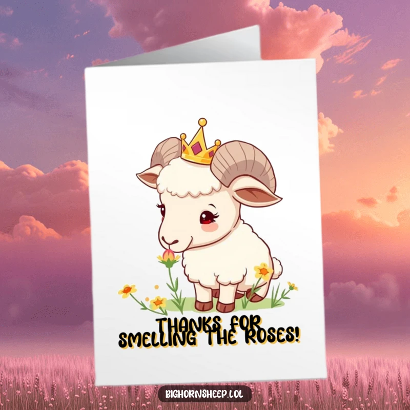 Funny Free Printable Thank You Card: A crowned bighorn sheep with curiosity sniffs a wild flower, symbolizing gentle appreciation and beautiful moments.