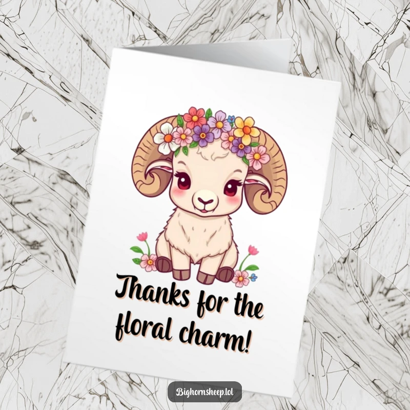 Funny Free Printable Thank You Card: A content bighorn sheep with a wildflower crown offers quiet thanks.