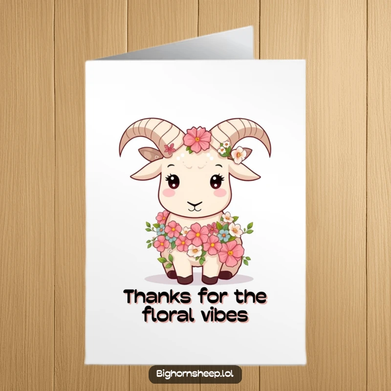 Funny Free Printable Thank You Card: Bighorn sheep adorned with flowers looks serene, conveying peaceful gratitude.