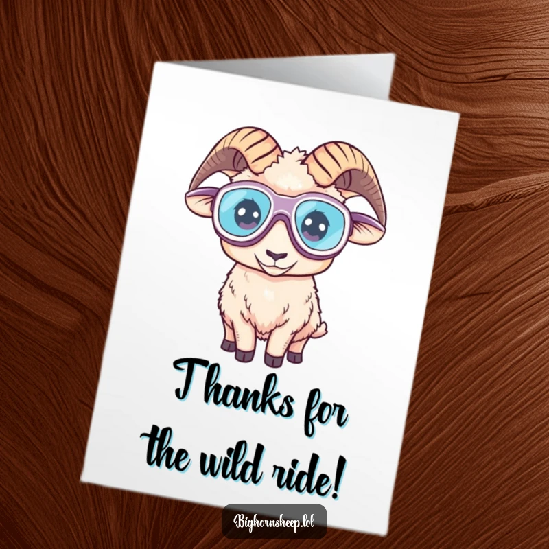 Funny Free Printable Thank You Card: Bighorn sheep with oversized goggles, ready for an adventure, expressing thanks with a daring look.