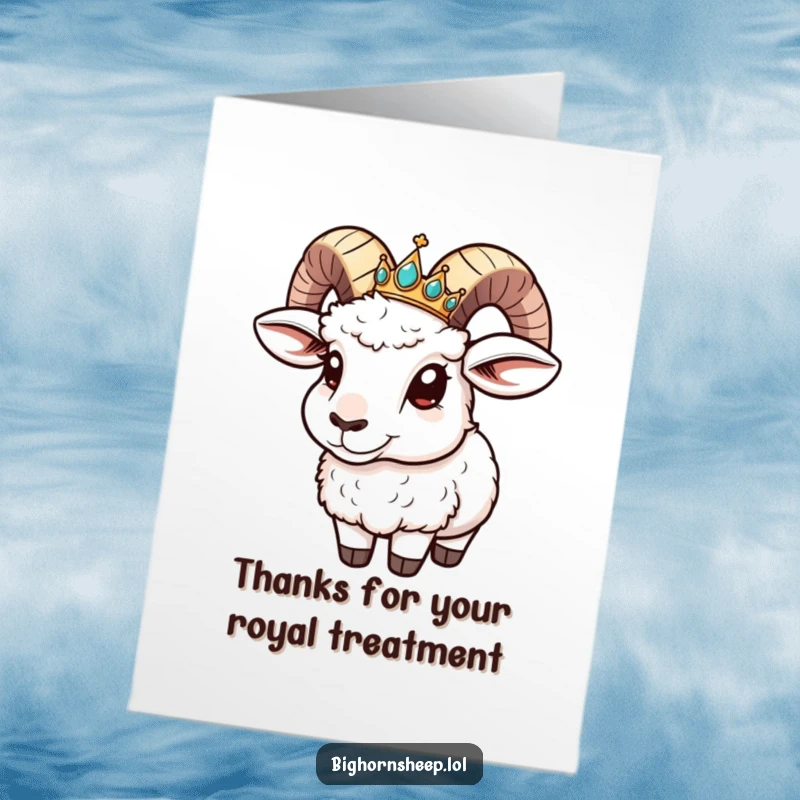 Funny Free Printable Thank You Card: Bighorn sheep in a tiny crown slides down its horn, expressing thanks.