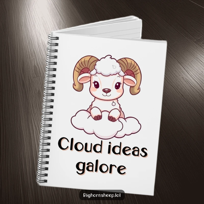 Funny notebook featuring an adorable bighorn sheep peeking from behind a fluffy cloud, ideal for capturing whimsical notes and ideas.