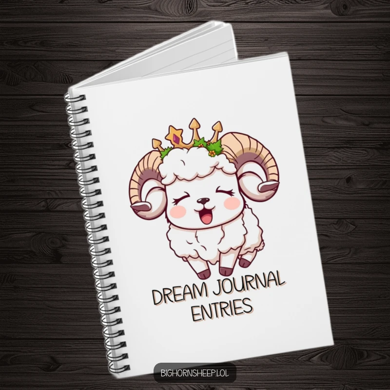 Funny sleepy bighorn sheep notebook, a yawning sheep with a moss crown, perfect for jotting down drowsy thoughts.