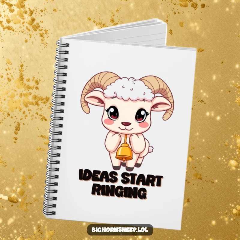 Funny notebook featuring a bighorn sheep with expressive, curious eyes, reaching for a dangling bell, perfect for note-taking.