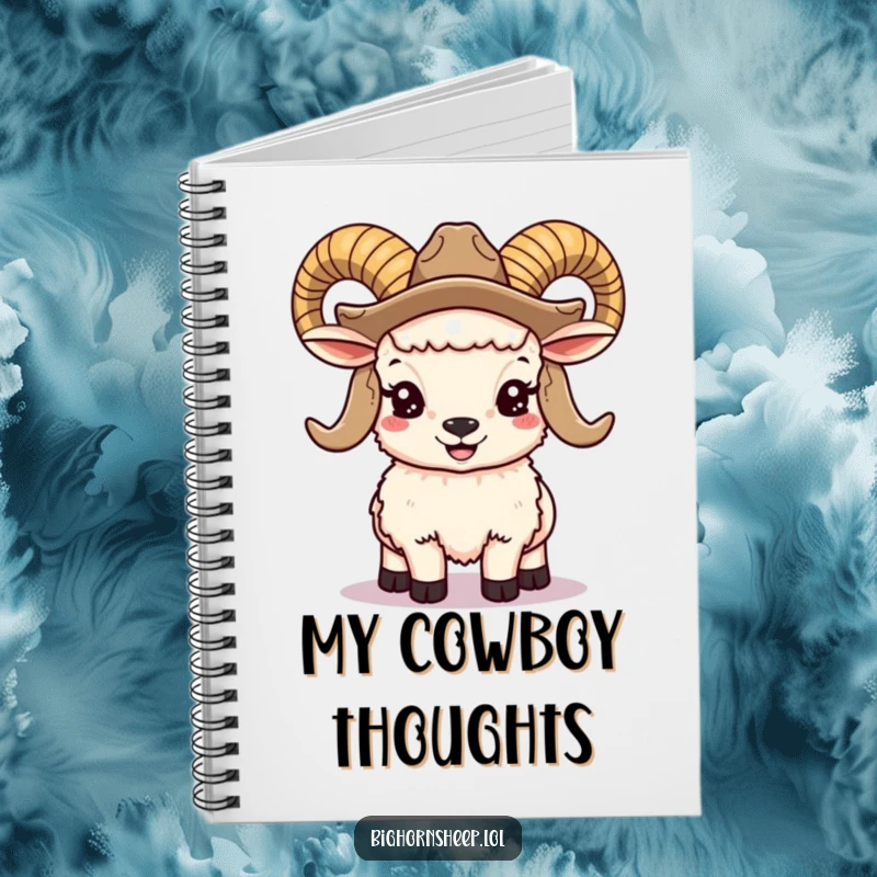 Funny bighorn sheep notebook featuring a smiling ram with large horns and a cowboy hat, perfect for journaling.