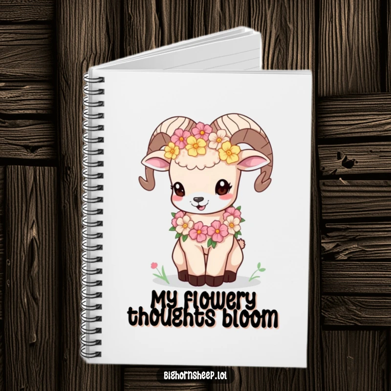 Funny bighorn sheep cub with a flower garland bleating playfully on a notebook cover, encouraging sweet note-taking.