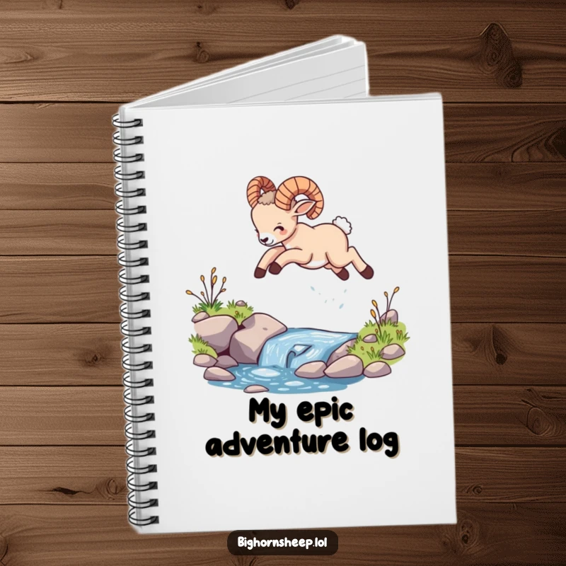 Funny bighorn sheep cub notebook, illustrating the cub leaping over a stream, inspiring spontaneous creativity and fun.