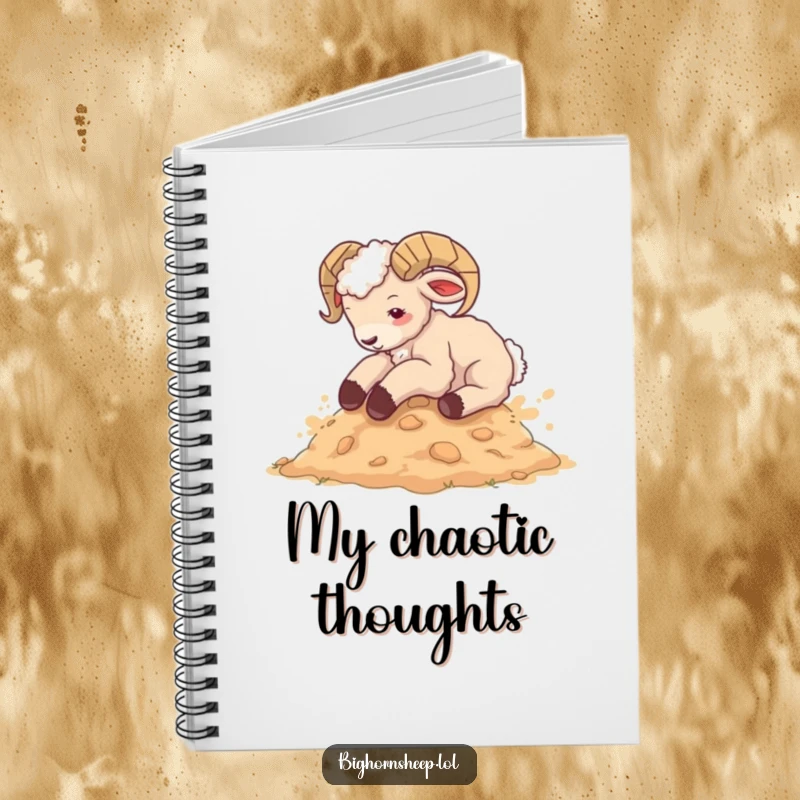Funny bighorn sheep cub notebook, joyfully rolling in dust, ideal for jotting down hilarious thoughts and creative ideas.