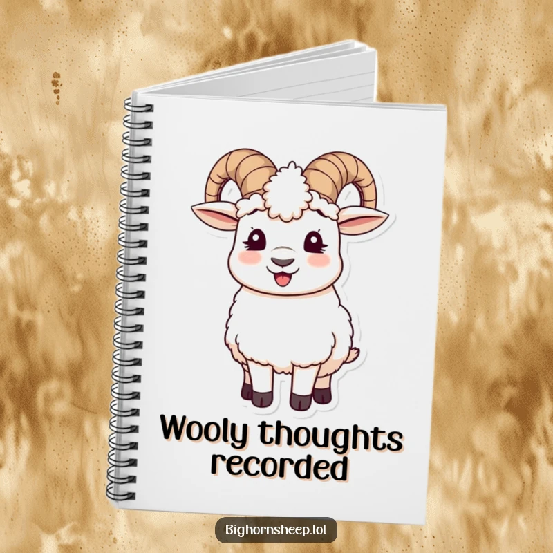 Funny notebook cover displaying a gleeful bighorn sheep giggling, its cozy wooly ear muffs adding a touch of playful charm.